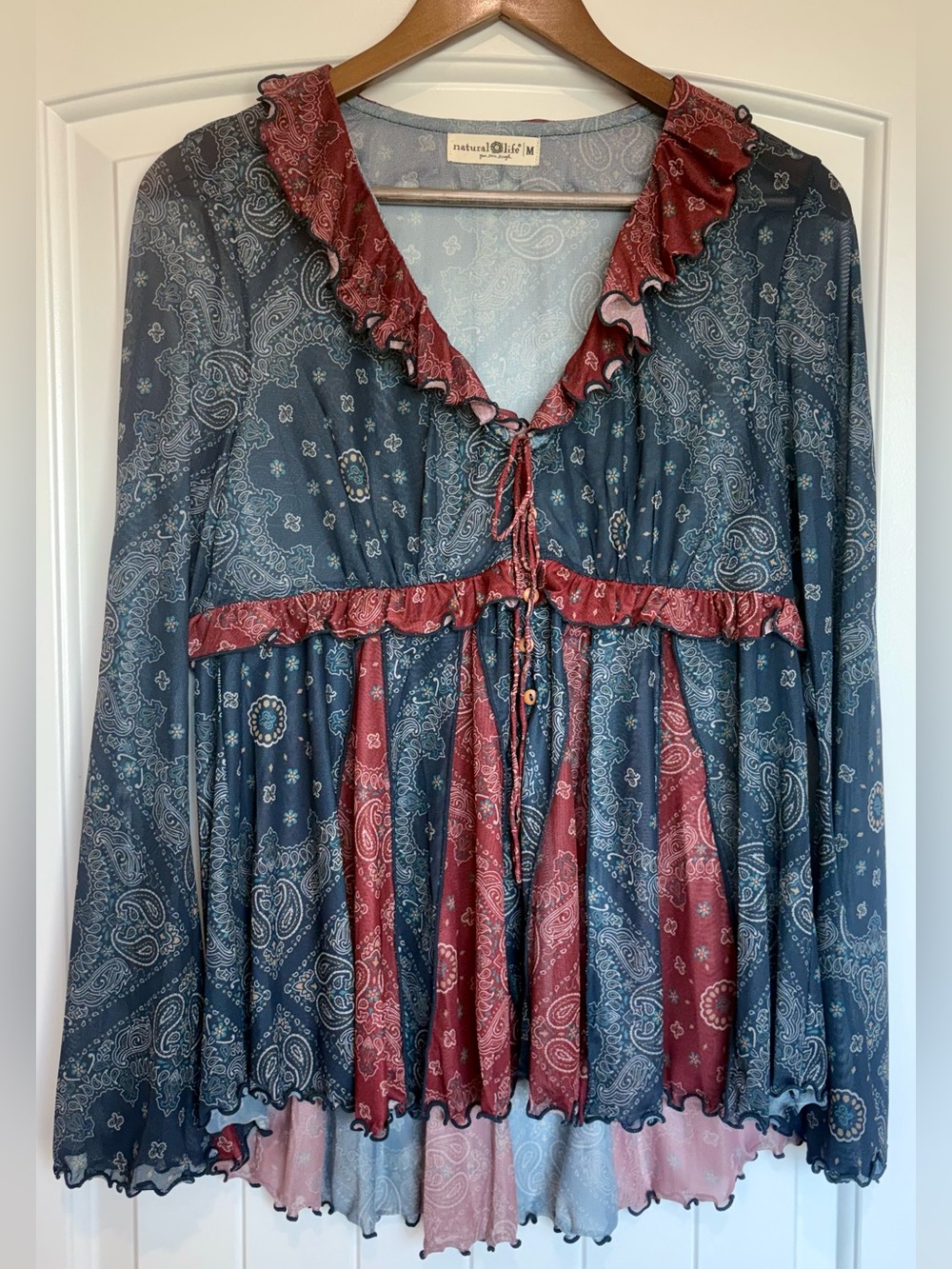 Natural Life Sierra Bandana Paisley Ruffle Tunic Top Blue Red M